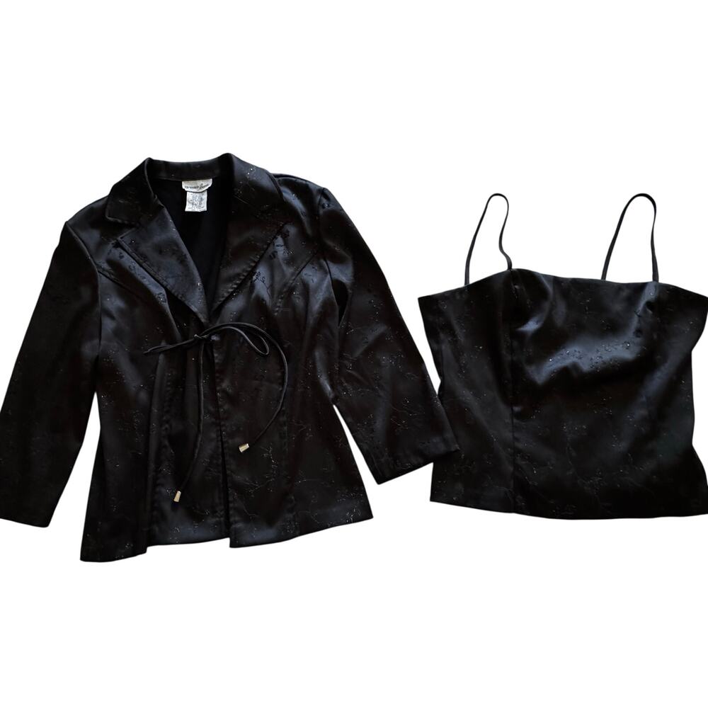 Black Satin Vintage 2-pc Tie Front Curved Collar Tailored & matching Cami